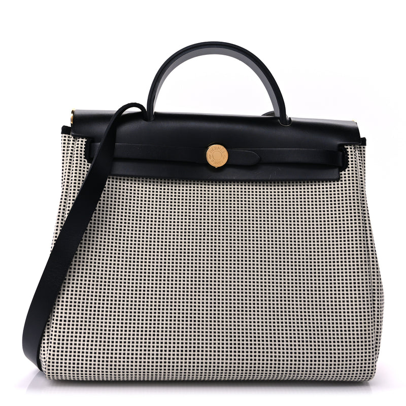 Hermes Vache Hunter Toile Quadrille Viking Herbag Zip Retourne 31 PM Ecru Black