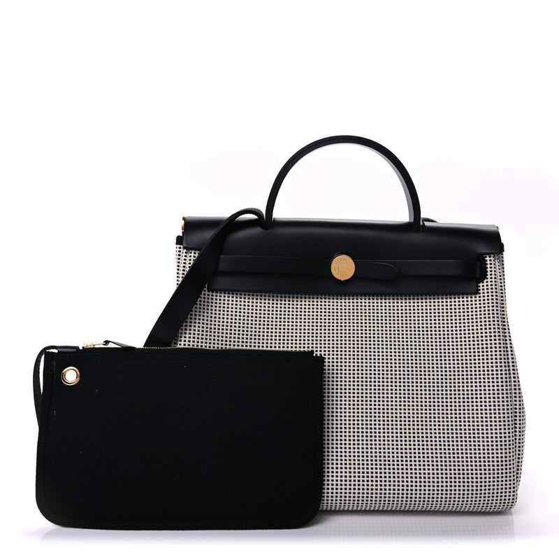  Hermes Vache Hunter Toile Quadrille Viking Herbag Zip Retourne 31 PM Ecru Black