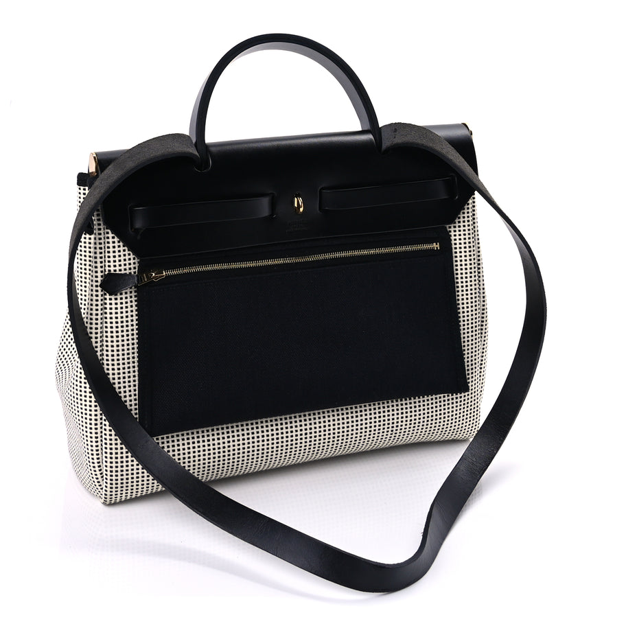 Hermes Vache Hunter Toile Quadrille Viking Herbag Zip Retourne 31 PM Ecru Black Image 3