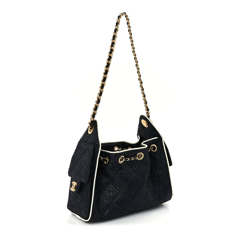 Chanel Braided Raffia Calfskin Quilted Mini Chanel 25 Handbag Black White
