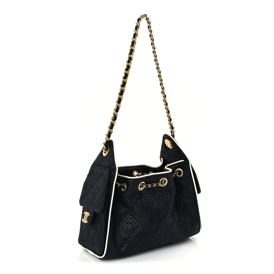 Chanel Braided Raffia Calfskin Quilted Mini Chanel 25 Handbag Black White Image 2