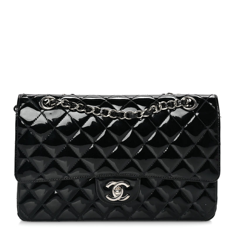  Chanel Patent Quilted Medium Double Flap Black