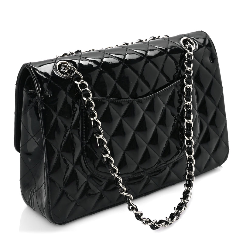  Chanel Patent Quilted Medium Double Flap Black