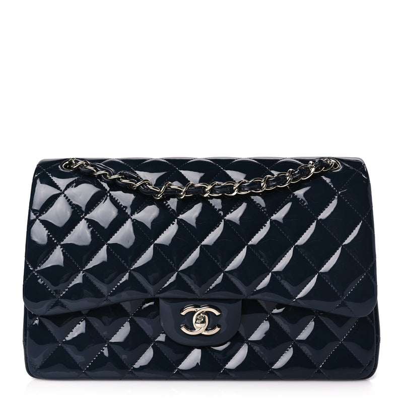  Chanel Patent Quilted Jumbo Double Flap Navy