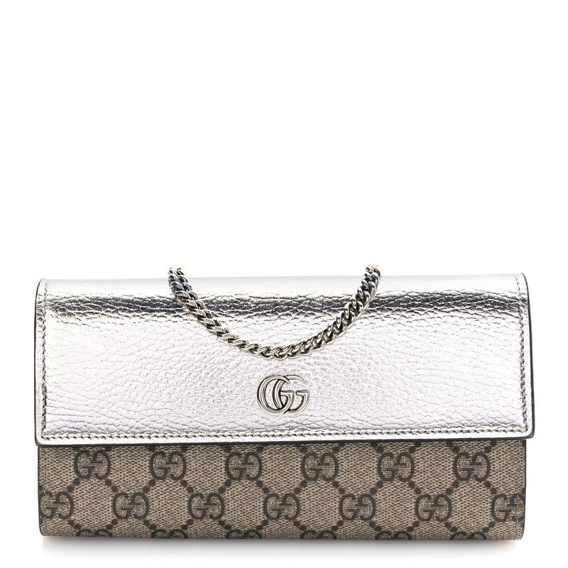  Gucci Metallic Calfskin GG Supreme Monogram Petite GG Marmont Wallet Chain Bag Silver Beige Ebony