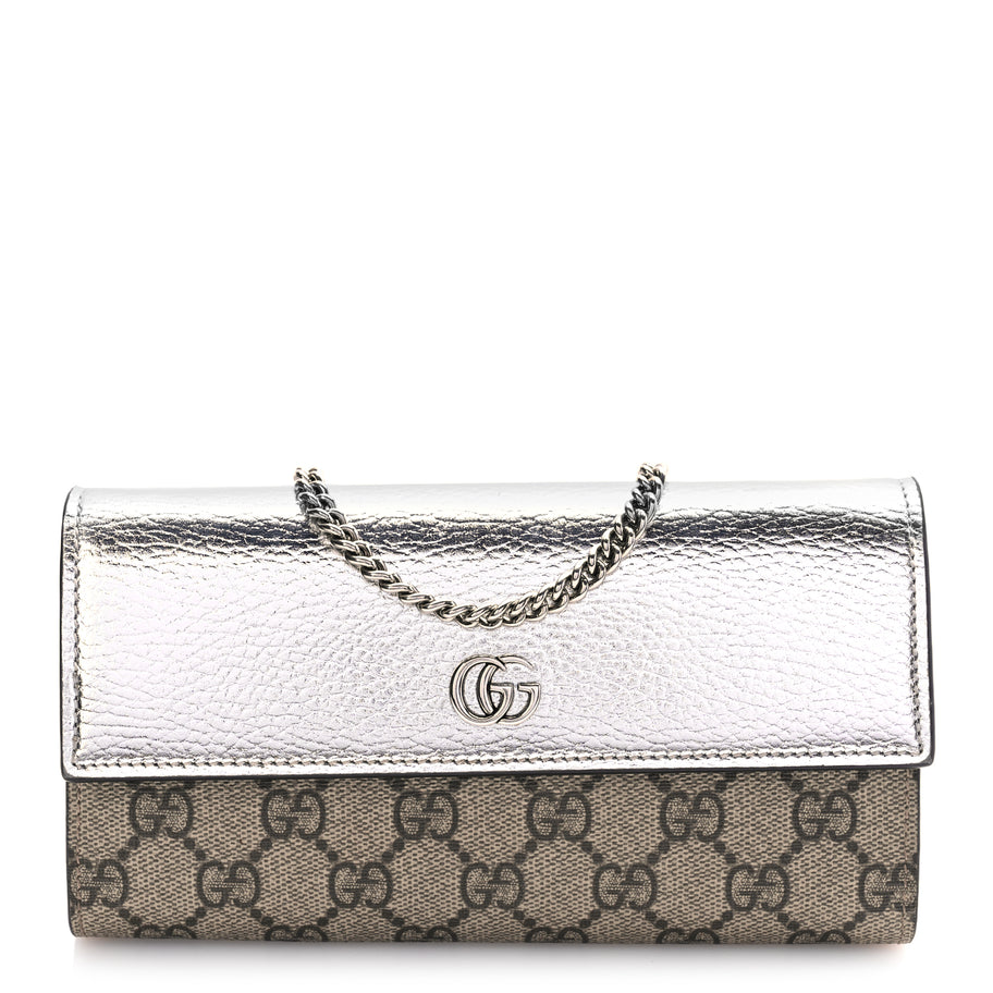 Gucci Metallic Calfskin GG Supreme Monogram Petite GG Marmont Wallet Chain Bag Silver Beige Ebony Image 1