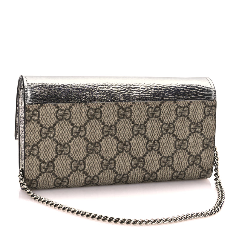  Gucci Metallic Calfskin GG Supreme Monogram Petite GG Marmont Wallet Chain Bag Silver Beige Ebony