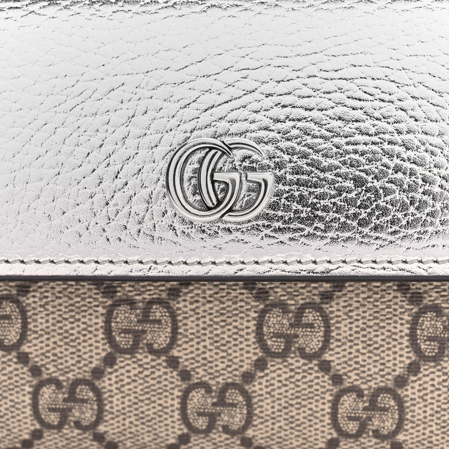 Gucci Metallic Calfskin GG Supreme Monogram Petite GG Marmont Wallet Chain Bag Silver Beige Ebony Image 6