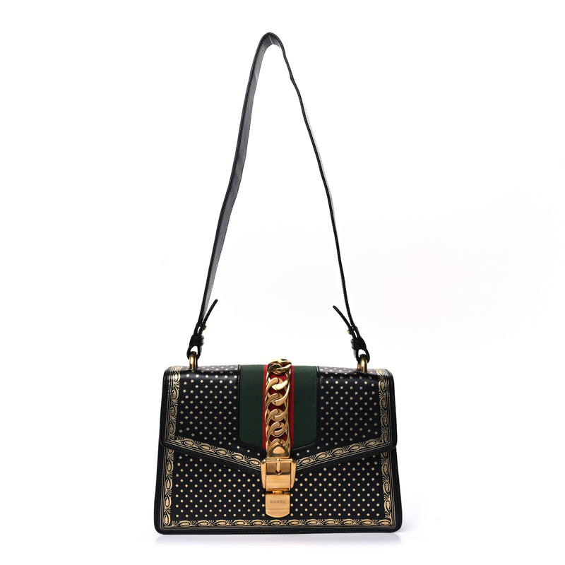  Gucci Calfskin Star Printed Small Sylvie Shoulder Bag Gold Black