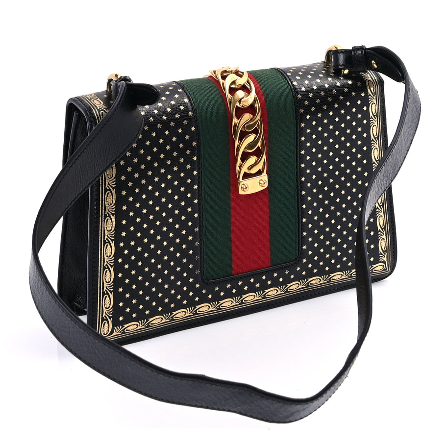 Gucci Calfskin Star Printed Small Sylvie Shoulder Bag Gold Black Image 2