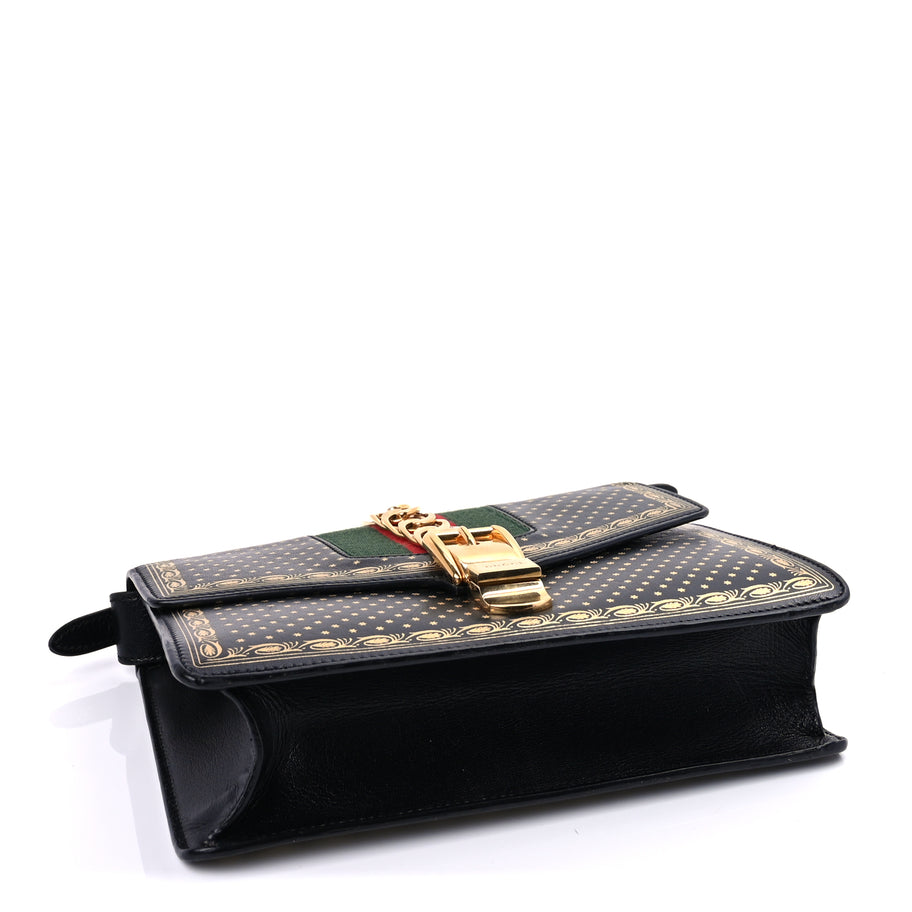 Gucci Calfskin Star Printed Small Sylvie Shoulder Bag Gold Black Image 3