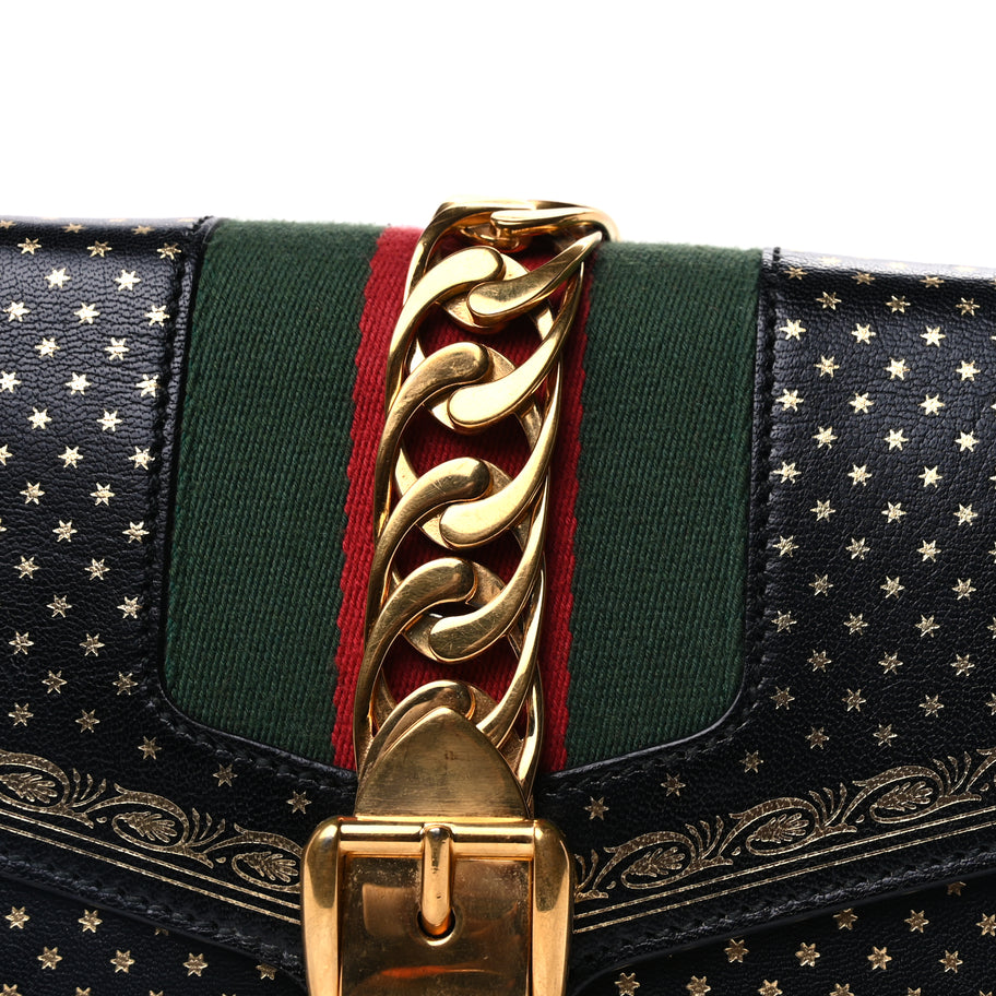 Gucci Calfskin Star Printed Small Sylvie Shoulder Bag Gold Black Image 6