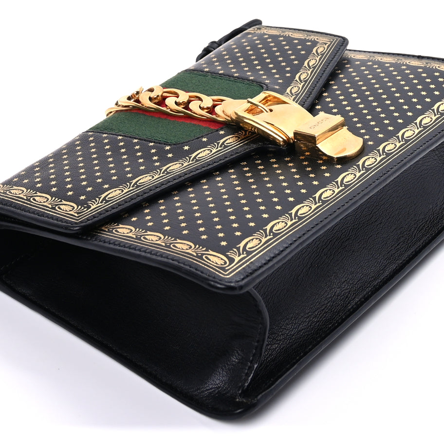 Gucci Calfskin Star Printed Small Sylvie Shoulder Bag Gold Black Image 7