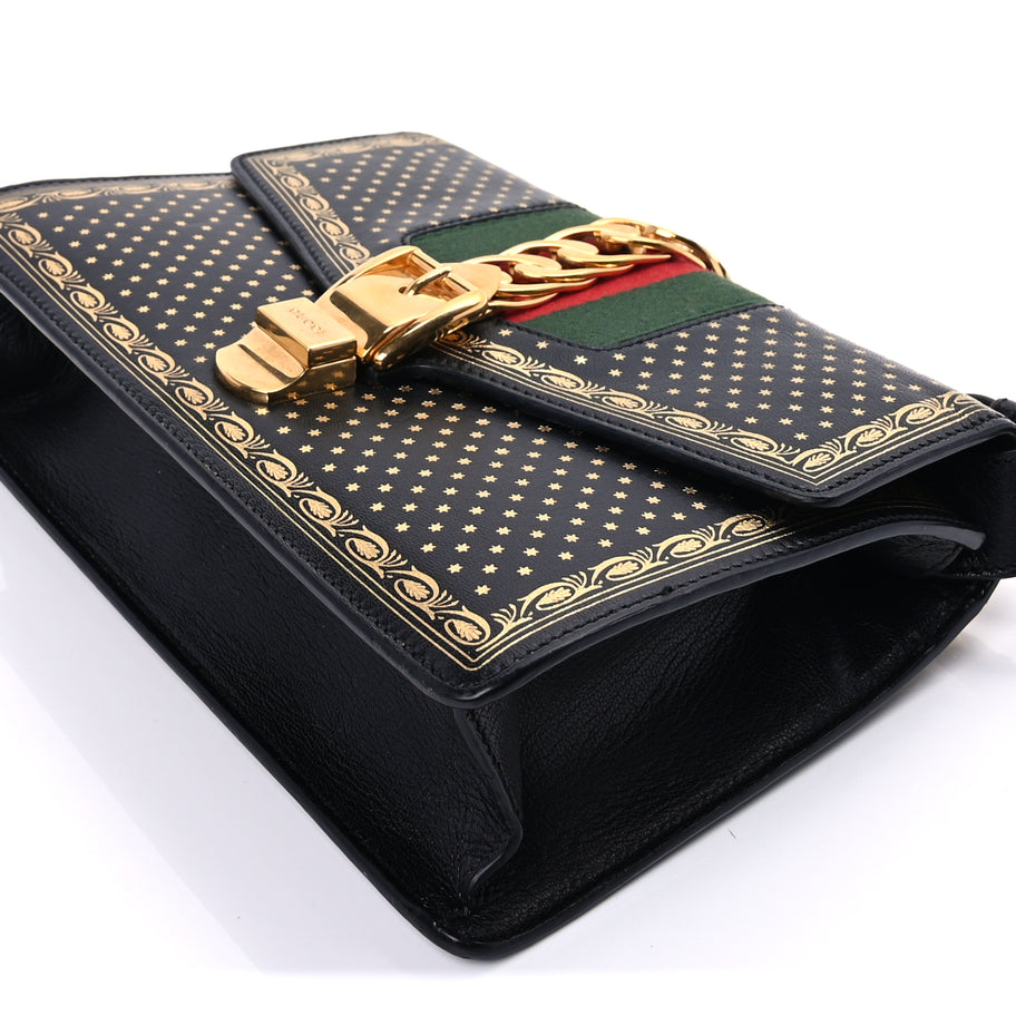 Gucci Calfskin Star Printed Small Sylvie Shoulder Bag Gold Black Image 8