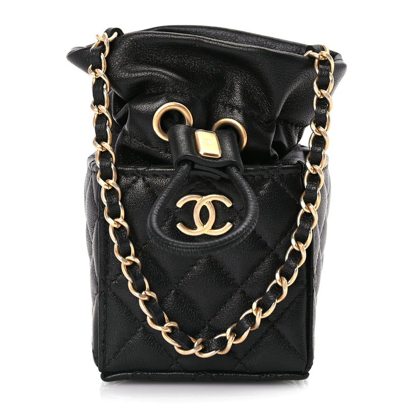  Chanel Calfskin Quilted Mini Drawstring Bucket Bag Black