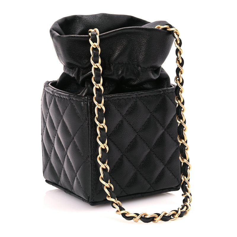  Chanel Calfskin Quilted Mini Drawstring Bucket Bag Black