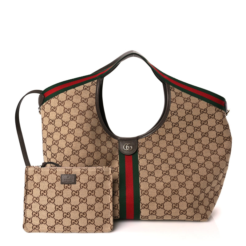  Gucci GG Supreme Monogram Web Large Giglio Tote Beige Dark Brown