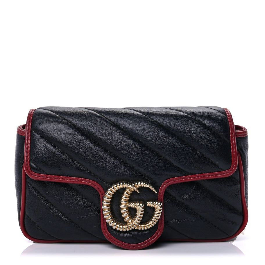 Gucci Vintage Effect Calfskin Matelasse Diagonal Super Mini Torchon GG Marmont Shoulder Bag Black Romantic Cherry Black Romantic Cherry Image 1