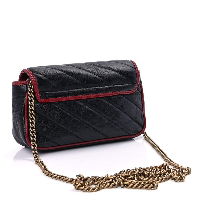  Gucci Vintage Effect Calfskin Matelasse Diagonal Super Mini Torchon GG Marmont Shoulder Bag Black Romantic Cherry Black Romantic Cherry