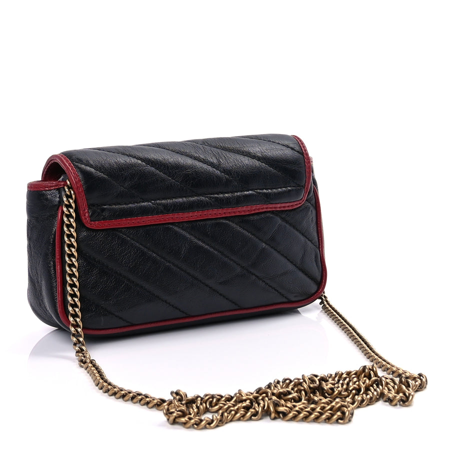 Gucci Vintage Effect Calfskin Matelasse Diagonal Super Mini Torchon GG Marmont Shoulder Bag Black Romantic Cherry Black Romantic Cherry Image 2