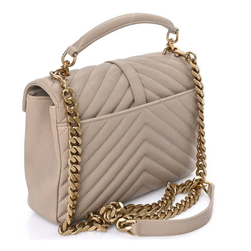  Saint Laurent Sheepskin Matelasse Chevron Monogram Medium College Bag  Dark Beige