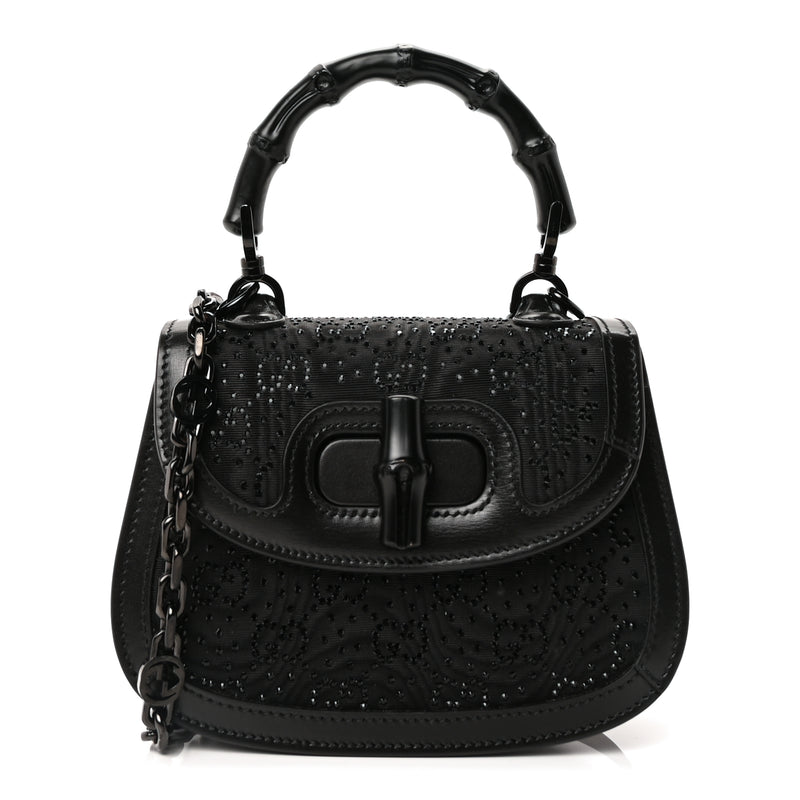  Gucci Moire Fabric Calfskin Rhinestone Monogram Monochrome Mini Bamboo 1947 Top Handle Chain Bag Black