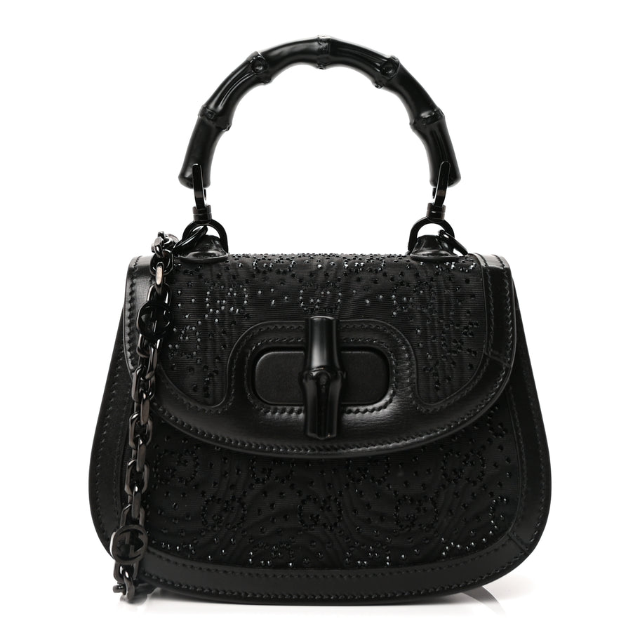 Gucci Moire Fabric Calfskin Rhinestone Monogram Monochrome Mini Bamboo 1947 Top Handle Chain Bag Black Image 1