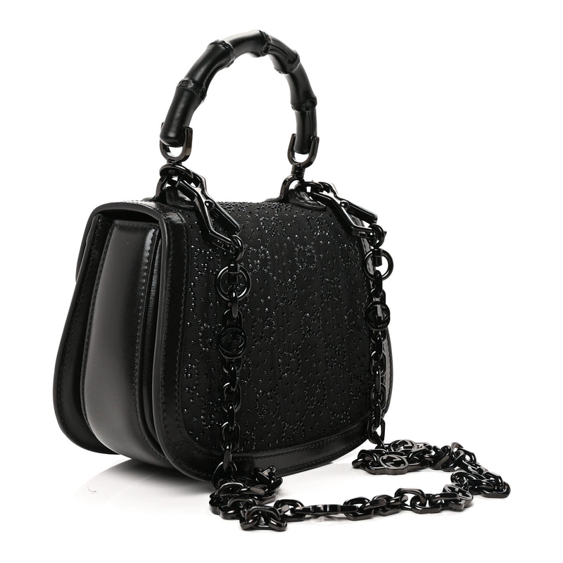  Gucci Moire Fabric Calfskin Rhinestone Monogram Monochrome Mini Bamboo 1947 Top Handle Chain Bag Black