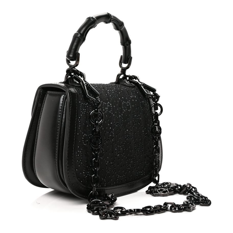 Gucci Moire Fabric Calfskin Rhinestone Monogram Monochrome Mini Bamboo 1947 Top Handle Chain Bag Black Image 2