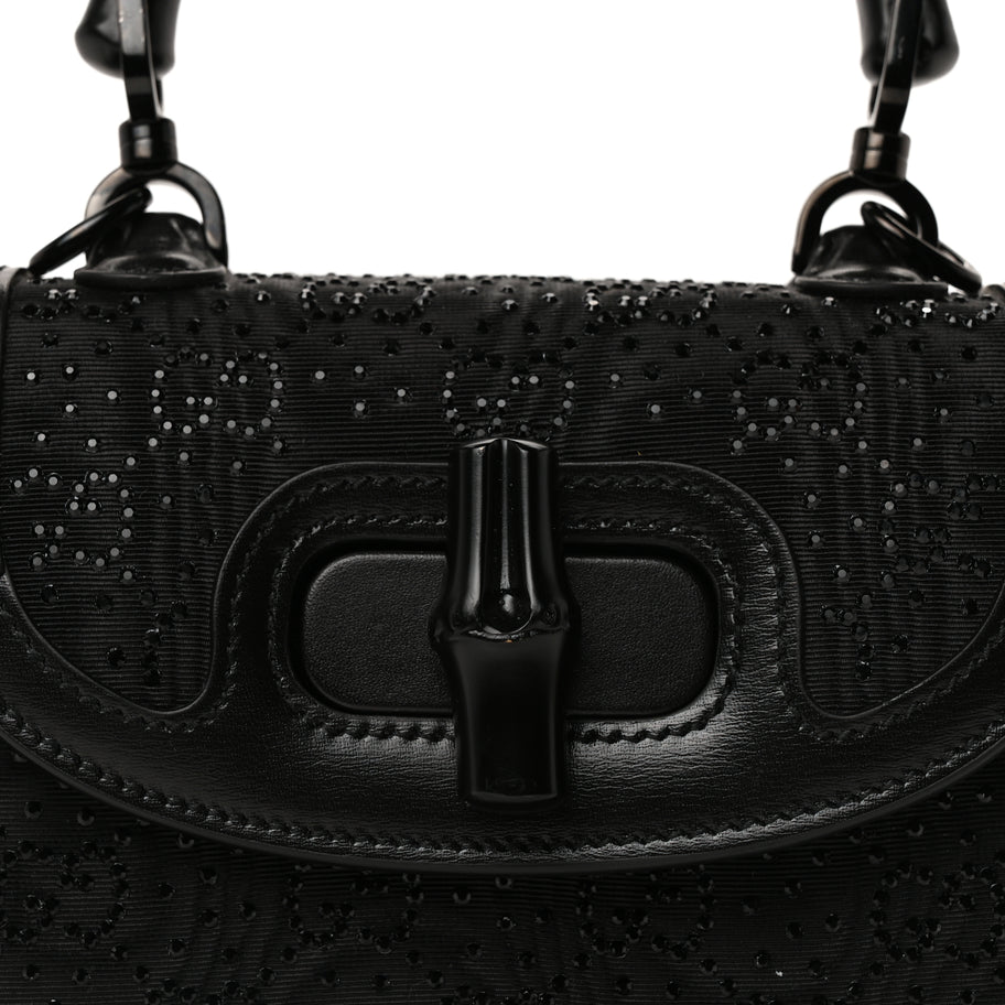 Gucci Moire Fabric Calfskin Rhinestone Monogram Monochrome Mini Bamboo 1947 Top Handle Chain Bag Black Image 5
