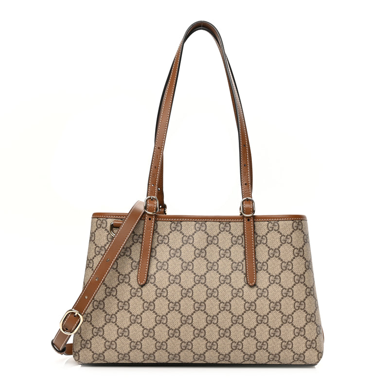  Gucci GG Supreme Monogram Emblem Small Tote Bag Beige Dark Brown