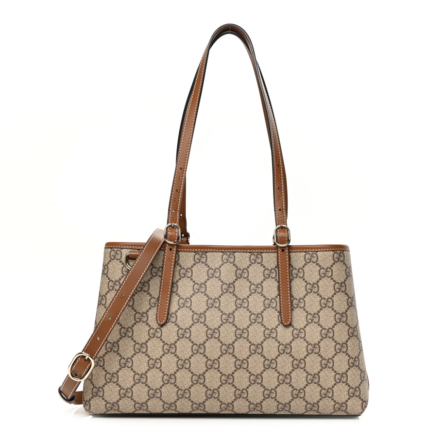 Gucci GG Supreme Monogram Emblem Small Tote Bag Beige Dark Brown Image 1
