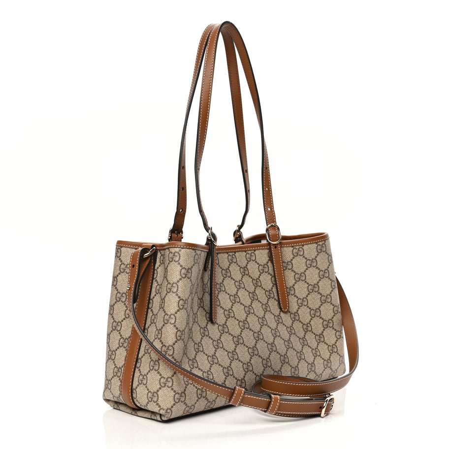 Gucci GG Supreme Monogram Emblem Small Tote Bag Beige Dark Brown Image 2