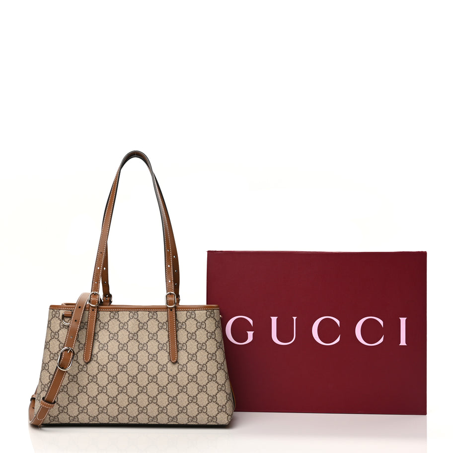 Gucci GG Supreme Monogram Emblem Small Tote Bag Beige Dark Brown Image 10