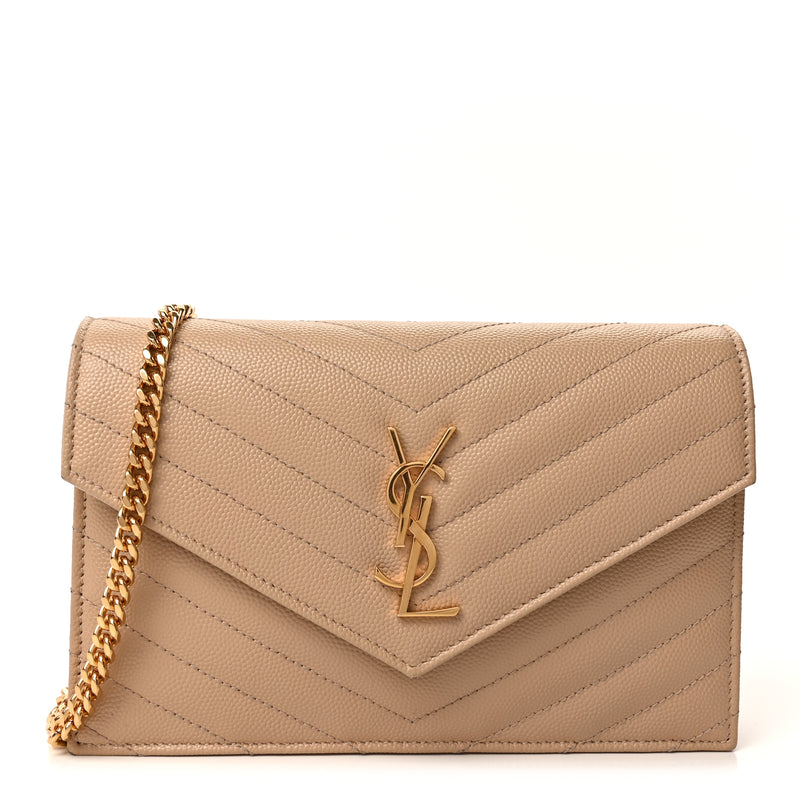  Saint Laurent Grain De Poudre Matelasse Chevron Monogram Envelope Chain Wallet  Dark Beige