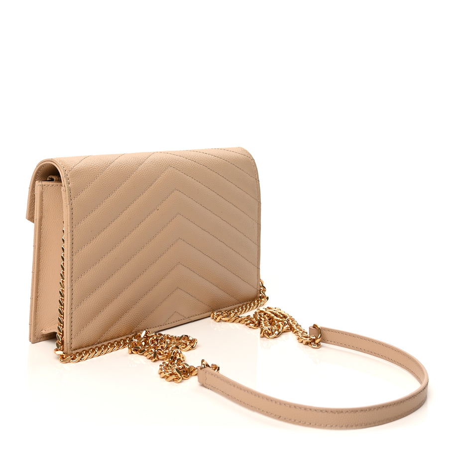 Saint Laurent Grain De Poudre Matelasse Chevron Monogram Envelope Chain Wallet  Dark Beige Image 2