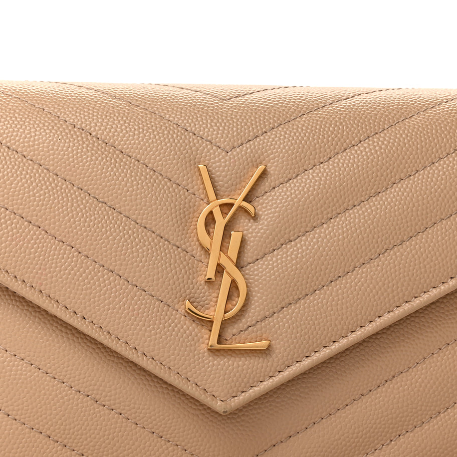 Saint Laurent Grain De Poudre Matelasse Chevron Monogram Envelope Chain Wallet  Dark Beige Image 6