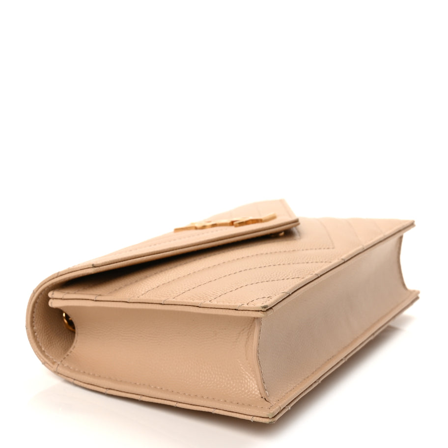 Saint Laurent Grain De Poudre Matelasse Chevron Monogram Envelope Chain Wallet  Dark Beige Image 7