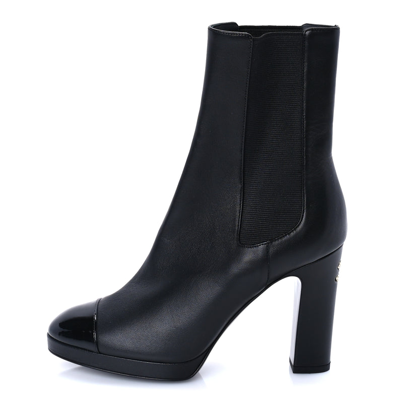  Chanel Lambskin Patent Cap Toe Pearl CC Ankle Boots 37.5 Black