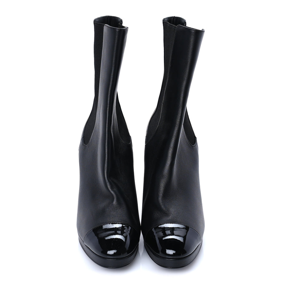 Chanel Lambskin Patent Cap Toe Pearl CC Ankle Boots 37.5 Black Image 3