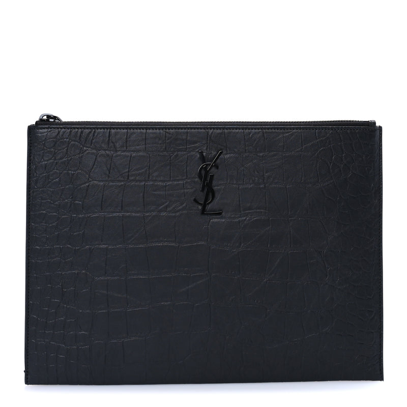  Saint Laurent Calfskin Crocodile Embossed Tablet Pouch  Black