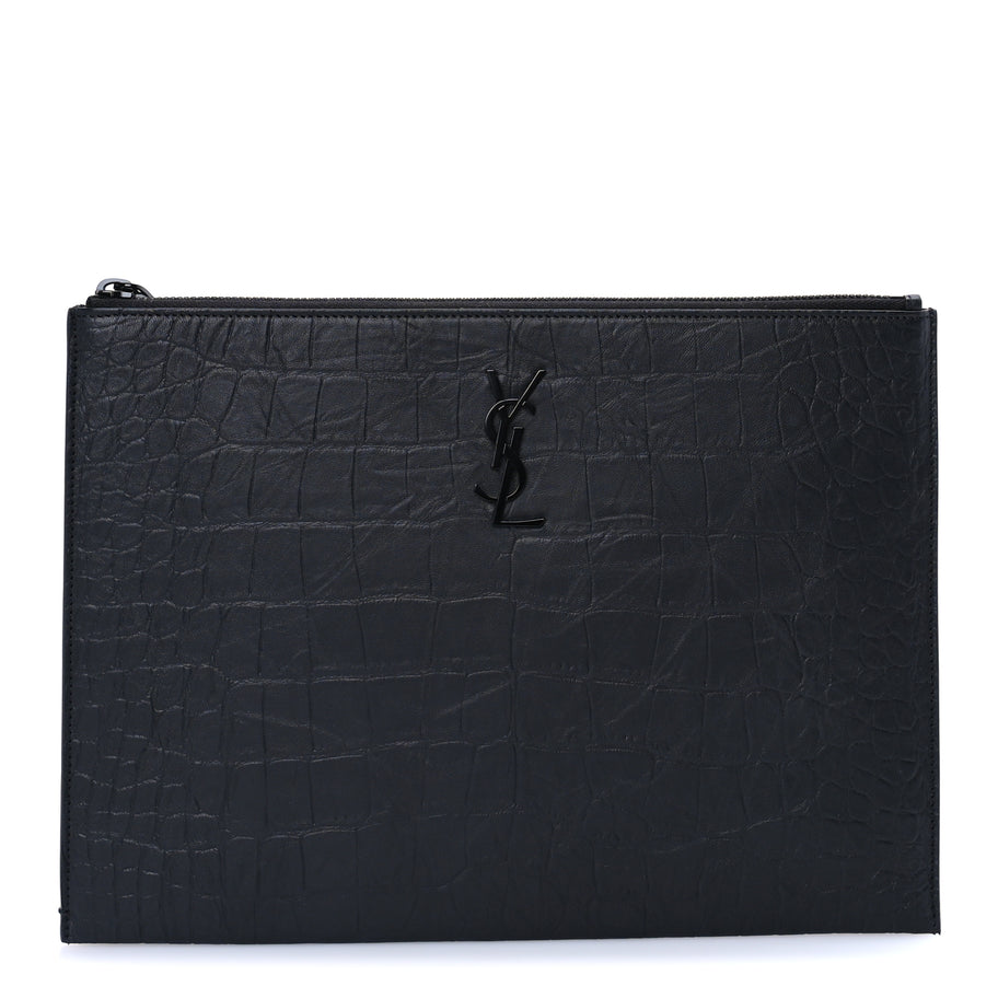 Saint Laurent Calfskin Crocodile Embossed Tablet Pouch  Black Image 1