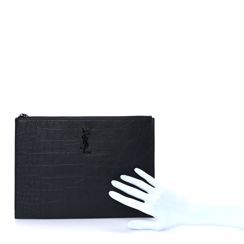  Saint Laurent Calfskin Crocodile Embossed Tablet Pouch  Black
