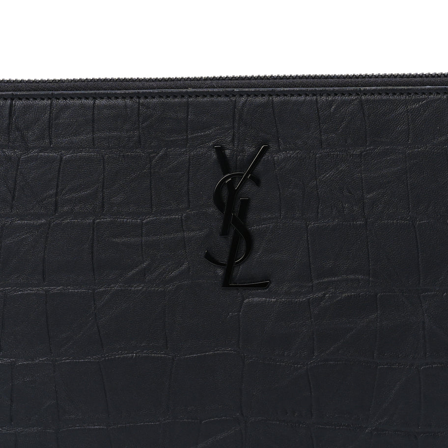 Saint Laurent Calfskin Crocodile Embossed Tablet Pouch  Black Image 3