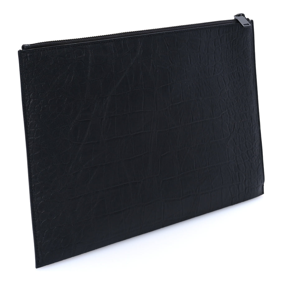 Saint Laurent Calfskin Crocodile Embossed Tablet Pouch  Black Image 4