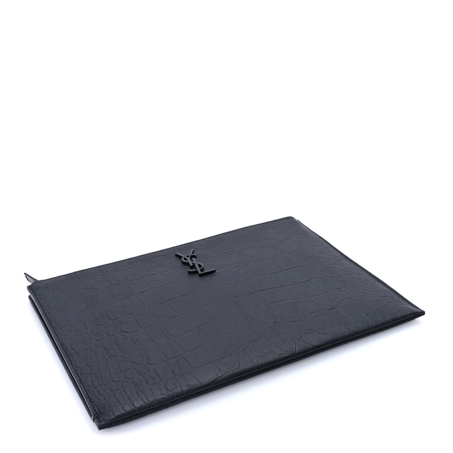 Saint Laurent Calfskin Crocodile Embossed Tablet Pouch  Black Image 5