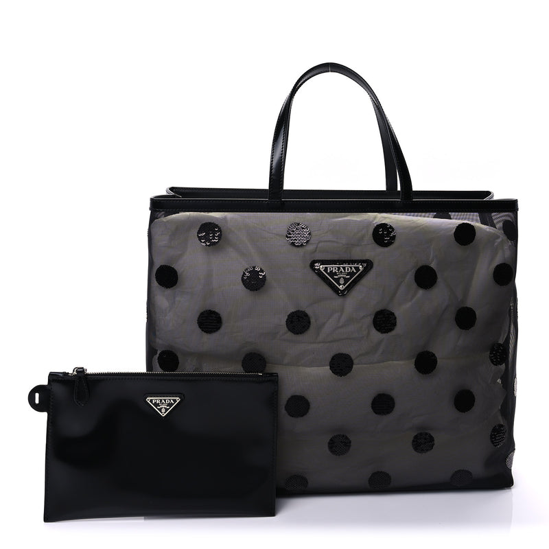  Prada Mesh Sequin Spazzolato Polka Dot Triangle Logo Tote Black