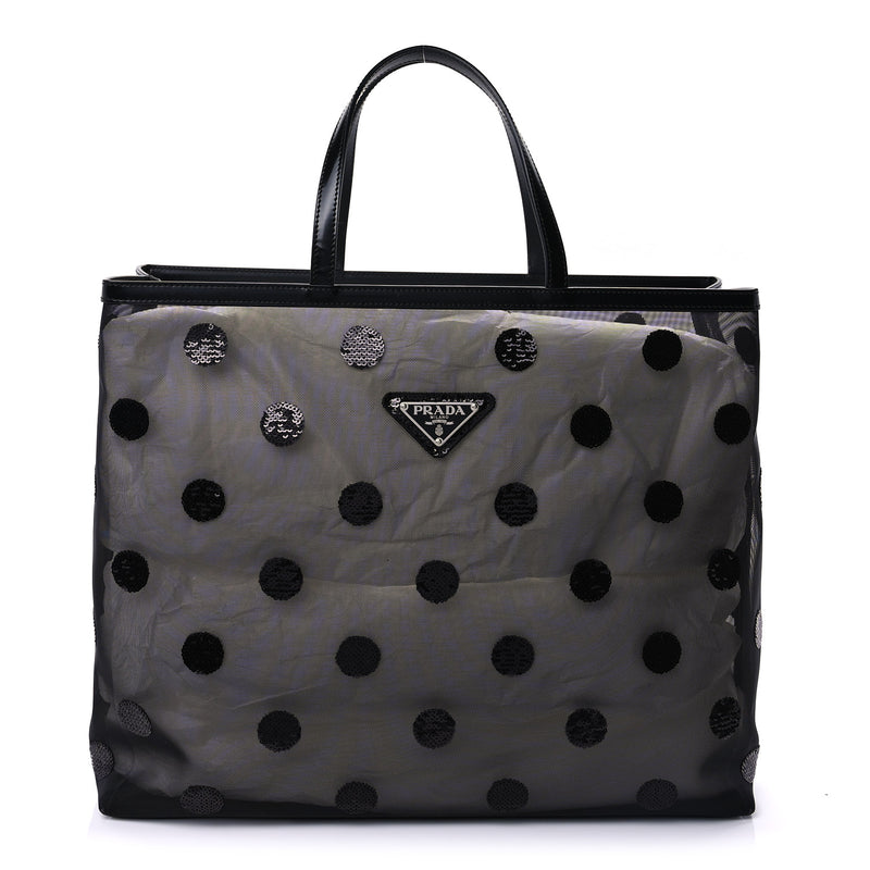  Prada Mesh Sequin Spazzolato Polka Dot Triangle Logo Tote Black