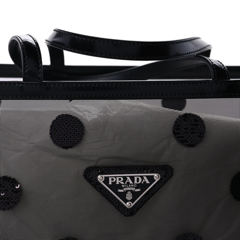 Prada Mesh Sequin Spazzolato Polka Dot Triangle Logo Tote Black Image 6