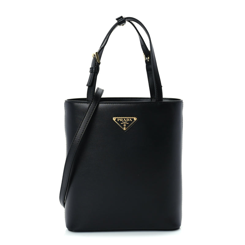  Prada Calfskin Metal Triangle Logo Tote  Black